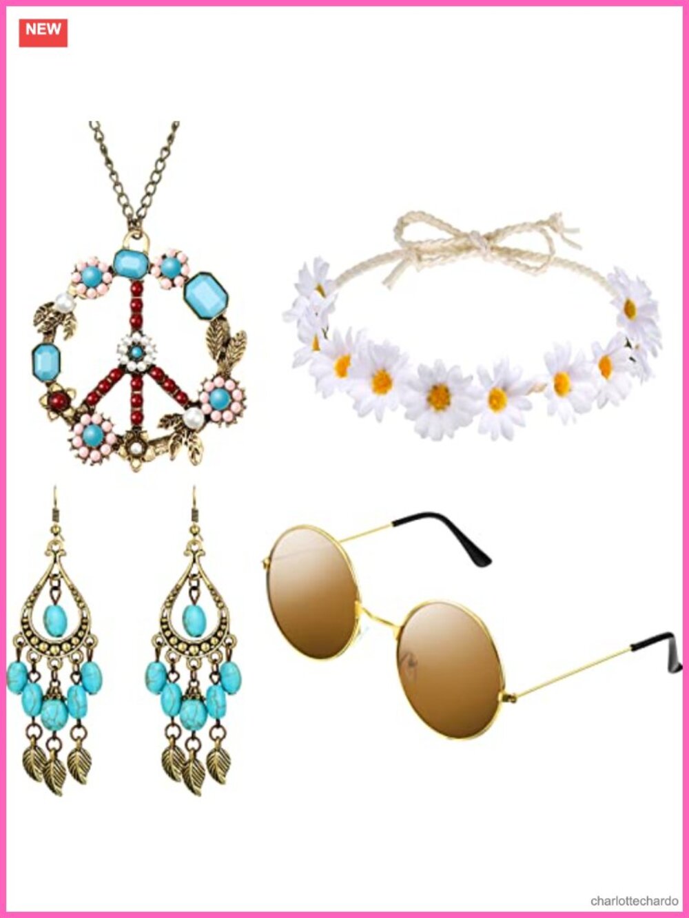70s Hippie Costume Accessory Set Peace Necklace Earrings Glasses Headband